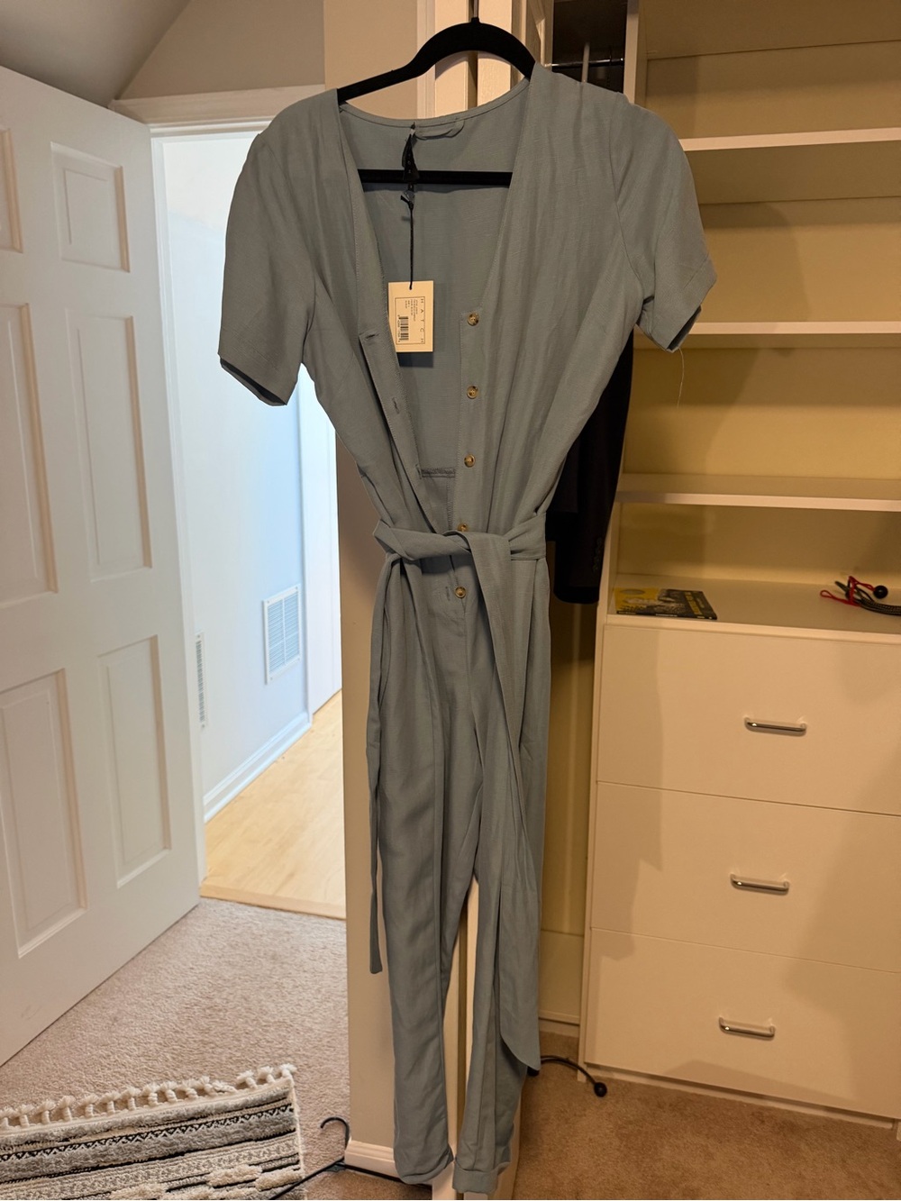 Hatch Sage Green Short-Sleeve Belted Jumpsuit